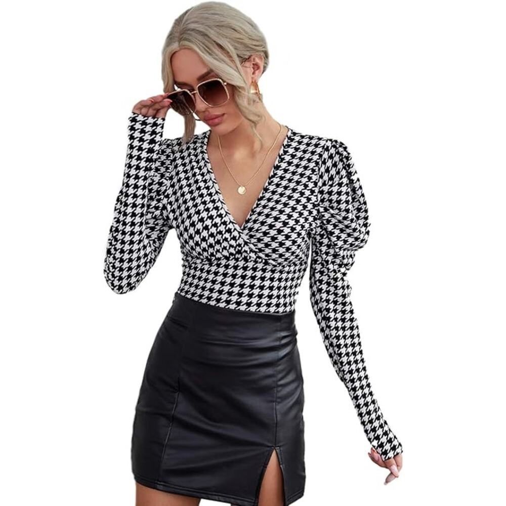 WDIRARA Women's Elegant V neck Puff Long Sleeve Houndstooth Wrap Blouse Top XL
